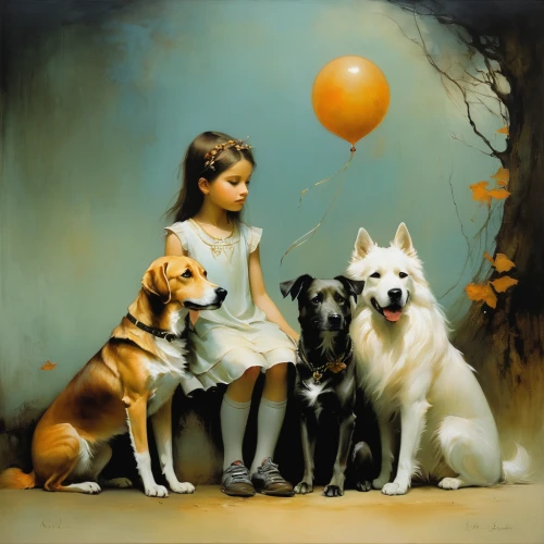 little girl with balloons,girl with dog,oil painting on canvas,color dogs,boy and dog,oil painting,dog breed,three dogs,animal balloons,art painting,kennel club,children's background,little boy and girl,childs,dog pure-breed,dog illustration,canines,kids illustration,playing dogs,children,Illustration,Realistic Fantasy,Realistic Fantasy 16