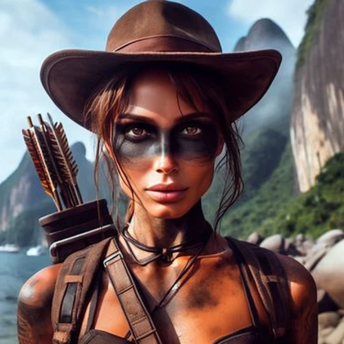 lara,huntress,female warrior,natural cosmetic,warrior woman,leather hat,sexy woman,aborigine,croft,massively multiplayer online role-playing game,buckskin,polynesian,cave girl,broncefigur,femme fatale,awesome arrow,katniss,cosmetic,candela,girl with gun
