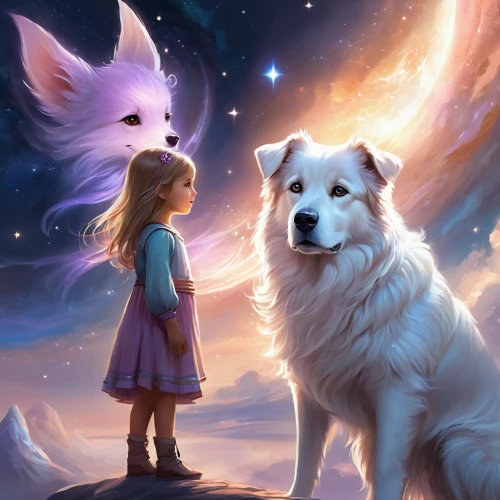 companion dog,boy and dog,samoyed,dog and cat,girl with dog,howl,dog angel,fantasy picture,little boy and girl,dog - cat friendship,children's background,indian spitz,companionship,white shepherd,children's fairy tale,dog illustration,great pyrenees,companion,constellation wolf,american eskimo dog,Illustration,Realistic Fantasy,Realistic Fantasy 01