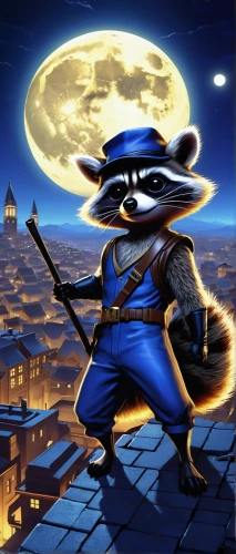 pandero jarocho,rocket raccoon,north american raccoon,raccoons,coatimundi,madagascar,badger,splinter,game illustration,raccoon,black-footed ferret,the pied piper of hamelin,rataplan,dusk background,banjo bolt,sonic the hedgehog,bandit theft,gondolier,quarterstaff,violinist violinist of the moon,Conceptual Art,Sci-Fi,Sci-Fi 19