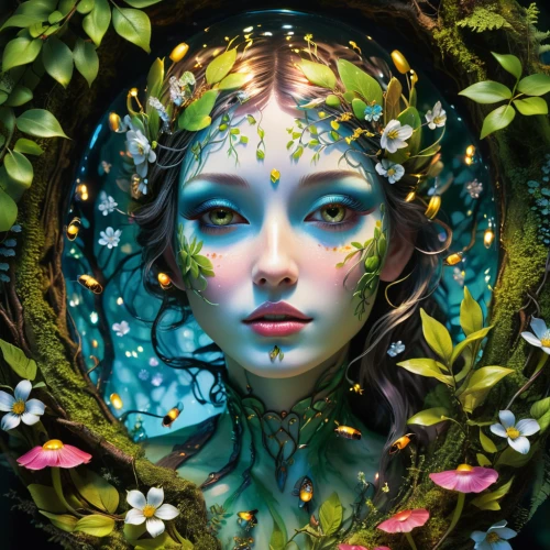 dryad,faerie,faery,fairy peacock,fantasy portrait,water nymph,the enchantress,fairy queen,rusalka,girl in a wreath,mystical portrait of a girl,fae,fantasy art,elven flower,flora,fractals art,mother earth,poison ivy,peacock,anahata,Photography,Artistic Photography,Artistic Photography 08