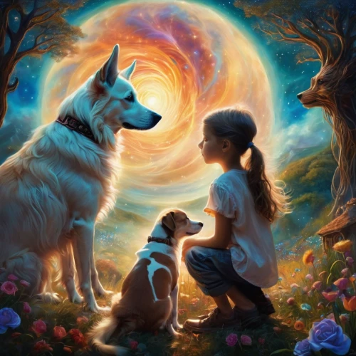 boy and dog,fantasy picture,companion dog,girl with dog,sun and moon,kelpie,dog angel,bohemian shepherd,children's background,gsd,dog and cat,children's fairy tale,shepherd romance,a fairy tale,howl,color dogs,howling wolf,fantasy art,dog illustration,laika,Illustration,Realistic Fantasy,Realistic Fantasy 37