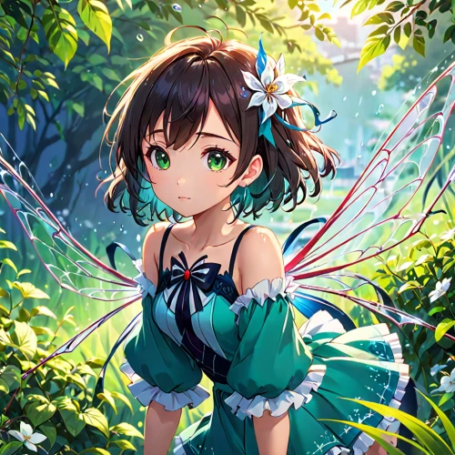 garden fairy,butterfly background,butterfly green,flower fairy,fairy,miku maekawa,forest background,green summer,spring background,child fairy,little girl fairy,lily of the field,spring leaf background,lilly of the valley,butterfly,ganai,emerald,tropical butterfly,forest clover,miku,Anime,Anime,Realistic