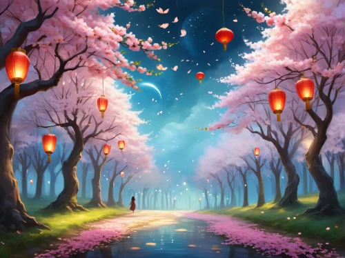 japanese sakura background,cherry trees,fairy lanterns,sakura trees,lanterns,sakura background,japanese cherry trees,the cherry blossoms,cherry blossom tree-lined avenue,cherry blossom tree,fantasy picture,chinese lanterns,cherry blossoms,fantasy landscape,sakura tree,blooming trees,fairy forest,cherry tree,cherry blossom,autumn cherry blossoms,Illustration,Realistic Fantasy,Realistic Fantasy 01