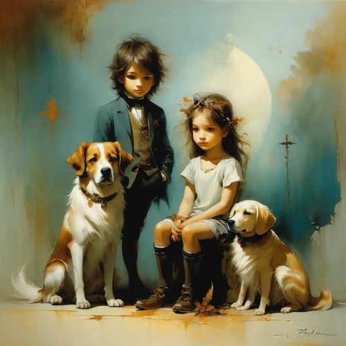 boy and dog,little boy and girl,childs,children,girl with dog,oil painting on canvas,dog breed,oil painting,hunting dogs,three dogs,art painting,vintage boy and girl,child portrait,kennel club,little angels,family dog,little girls,color dogs,boy and girl,grandchildren,Illustration,Realistic Fantasy,Realistic Fantasy 16