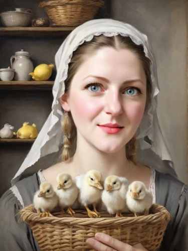 woman holding pie,girl with bread-and-butter,milkmaid,sparrows family,jane austen,doves of peace,doves and pigeons,girl in a historic way,girl in the kitchen,parents and chicks,quail eggs,doves,turtledove,chicks,pilgrim,oil painting,dove of peace,woman with ice-cream,basket maker,pigeons and doves,Digital Art,Impressionism