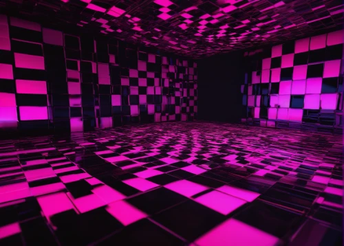 checkered floor,pink squares,disco,tileable,checkered background,cubes,nightclub,fractal lights,3d render,light patterns,dungeon,render,3d background,purpleabstract,cinema 4d,hallway space,colored lights,floors,fractal environment,ambient lights,Conceptual Art,Oil color,Oil Color 11