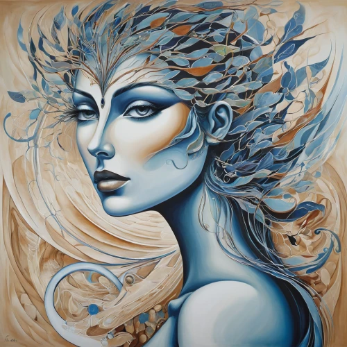 the snow queen,the zodiac sign pisces,blue enchantress,dryad,gold foil mermaid,medusa,ice queen,siren,the wind from the sea,decorative figure,zodiac sign libra,bodypainting,silvery blue,virgo,zodiac sign gemini,art deco woman,blue painting,moonflower,mother earth,horoscope libra,Illustration,Black and White,Black and White 07