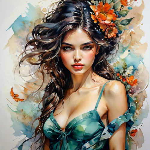 girl in a wreath,girl in flowers,boho art,beautiful girl with flowers,floral wreath,flower painting,wreath of flowers,flower fairy,blooming wreath,fantasy art,flower art,flower girl,fantasy portrait,art painting,faery,splendor of flowers,jasmine blossom,flower wreath,oil painting on canvas,faerie,Illustration,Paper based,Paper Based 04