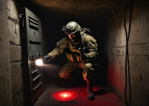 combat medic,gas grenade,bunker,hazmat suit,medic,war correspondent,chemical container,fuze,paratrooper,respirator,gas mask,high-visibility clothing,tactical flashlight,air-raid shelter,vigil,ventilation mask,man holding gun and light,steel helmet,civil defense,outbreak,Art,Classical Oil Painting,Classical Oil Painting 33