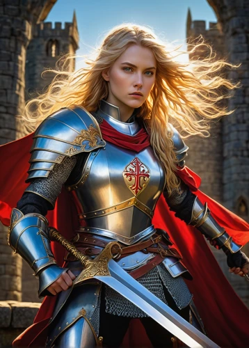 joan of arc,female warrior,heroic fantasy,strong woman,strong women,swordswoman,fantasy woman,warrior woman,massively multiplayer online role-playing game,castleguard,paladin,woman power,woman strong,girl in a historic way,sprint woman,digital compositing,crusader,knight armor,blonde woman,fantasy warrior,Illustration,Realistic Fantasy,Realistic Fantasy 08