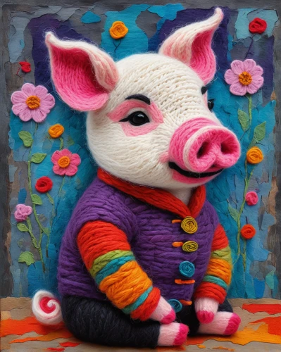 wool pig,pig,suckling pig,piglet,mini pig,pot-bellied pig,kawaii pig,domestic pig,piggybank,porker,felted and stitched,sheep knitting,piggy,whimsical animals,lucky pig,piñata,swine,pork-pie hat,pork,knitting wool,Conceptual Art,Oil color,Oil Color 25
