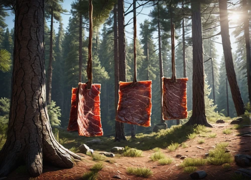 bacon tree,trees with stitching,lorne sausage,deer sausage,cured meat,sausages in a dressing gown,cooked salami,pine forest,bacon,meat products,jerky,salami,forest animals,salumi,chinese sausage,cartoon forest,sun-dried tomato,sausages,meat analogue,digital compositing,Art,Classical Oil Painting,Classical Oil Painting 34