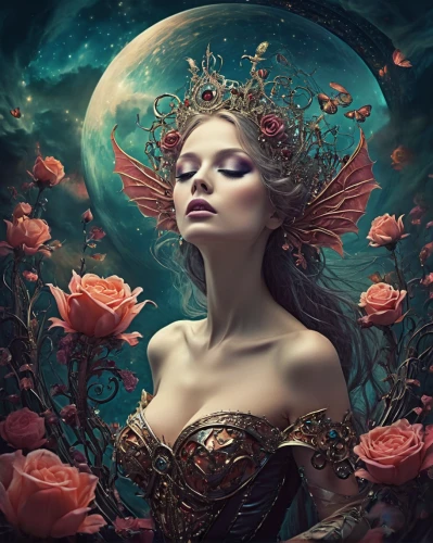 fantasy portrait,faery,the sleeping rose,fairy queen,mystical portrait of a girl,fantasy picture,fantasy art,rosa 'the fairy,faerie,queen of the night,fantasy woman,scent of roses,the enchantress,blue moon rose,fae,zodiac sign libra,flora,way of the roses,noble roses,flower fairy,Illustration,Realistic Fantasy,Realistic Fantasy 37