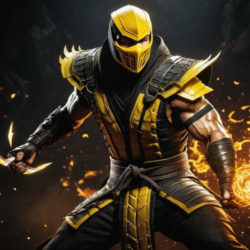 scorpion,spartan,iron mask hero,kryptarum-the bumble bee,awesome arrow,wolverine,yellow and black,yellow hammer,mercenary,shinobi,assassin,golden mask,shredder,massively multiplayer online role-playing game,yellow jacket,dodge warlock,x-men,cleanup,wu,gold mask,Illustration,Realistic Fantasy,Realistic Fantasy 41