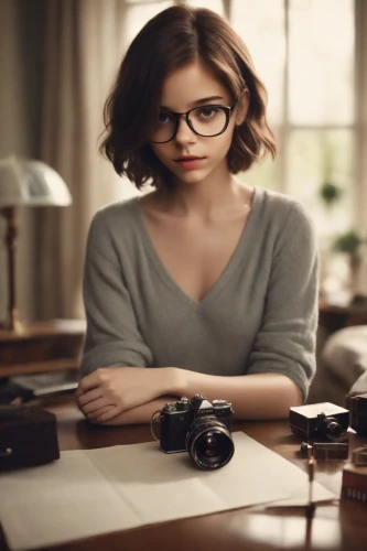 reading glasses,girl studying,girl at the computer,with glasses,portrait photographers,a girl with a camera,lace round frames,digital compositing,eyeglasses,typewriting,mirrorless interchangeable-lens camera,correspondence courses,glasses,librarian,silver framed glasses,the living room of a photographer,blur office background,eye glasses,writing or drawing device,portrait photography,Photography,Cinematic