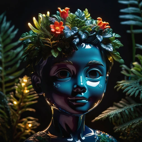 girl in a wreath,flora,girl in flowers,png sculpture,neon body painting,avatar,dryad,tropical bloom,ixora,decorative figure,polynesian,masquerade,woman sculpture,hula,mystical portrait of a girl,frida,la catrina,girl in the garden,natural cosmetic,venetian mask,Photography,Artistic Photography,Artistic Photography 02