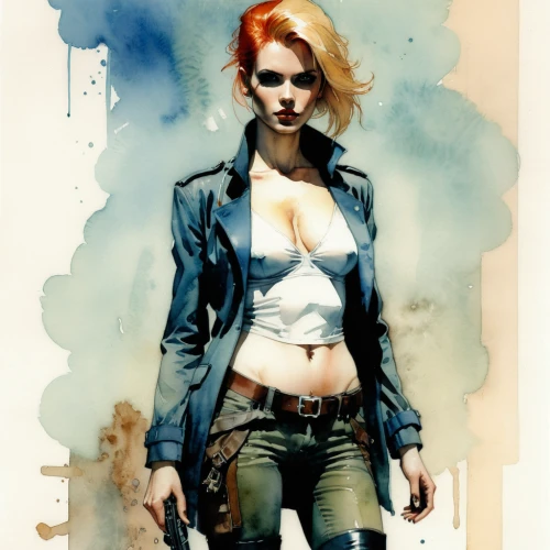 clary,fashion illustration,croft,sci fiction illustration,harley,clementine,game illustration,mystique,girl with a gun,femme fatale,black widow,huntress,birds of prey,girl with gun,book cover,concept art,bonneville,bad girl,red hood,renegade,Illustration,Paper based,Paper Based 12