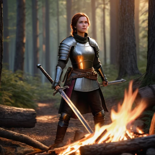 female warrior,joan of arc,swordswoman,massively multiplayer online role-playing game,witcher,warrior woman,paladin,huntress,game art,woman fire fighter,games of light,firethorn,campfire,torch-bearer,nora,visual effect lighting,quarterstaff,digital compositing,fire background,game illustration,Illustration,Children,Children 05