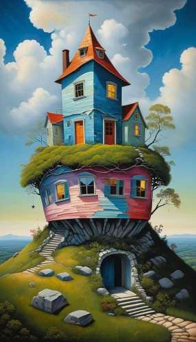 crooked house,lonely house,little house,mobile home,cube house,tree house,home landscape,surrealism,small house,floating island,inverted cottage,hanging houses,floating huts,houses clipart,ancient house,fisherman's house,housetop,house painting,house with lake,houseboat,Art,Artistic Painting,Artistic Painting 02