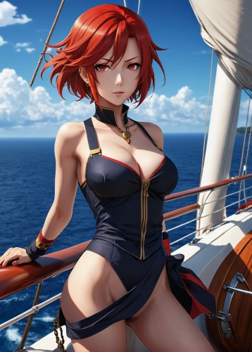 scarlet sail,at sea,seafaring,one-piece swimsuit,boat operator,sea fantasy,nami,ferry,red sail,on a yacht,delta sailor,sailing,open sea,pirate,the sea maid,light cruiser,rusalka,heavy cruiser,on ship,training ship