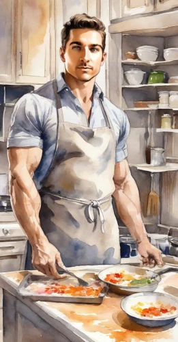 chef,men chef,zuccotto,cooking book cover,cook,lasagnette,cook ware,ratatouille,cooking show,capellini,cuisine,dwarf cookin,cooking,food and cooking,cookery,big kitchen,kitchen work,cooks,domestic,cooking salt,Digital Art,Watercolor