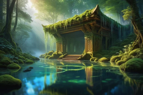 fantasy landscape,house in the forest,cartoon video game background,fantasy picture,ancient house,world digital painting,druid grove,wishing well,landscape background,underwater oasis,forest landscape,3d fantasy,green waterfall,green forest,wooden house,forest background,wooden hut,ancient city,house with lake,home landscape,Art,Artistic Painting,Artistic Painting 24