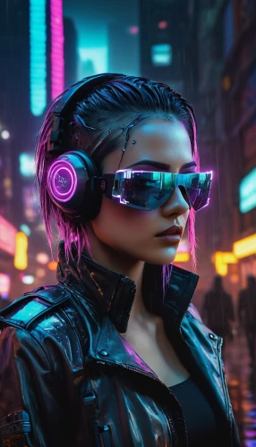 cyberpunk,cyber glasses,80s,futuristic,neon lights,80's design,ultraviolet,streampunk,neon,cyber,neon light,music background,retro girl,electro,retro music,aesthetic,headset,retro woman,matrix,dystopia,Illustration,Realistic Fantasy,Realistic Fantasy 24