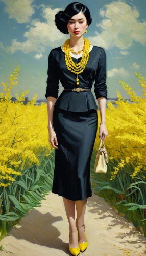 stewardess,sprint woman,woman walking,woman with ice-cream,yellow mustard,woman holding pie,travel woman,yellow background,yellow purse,art deco woman,black mustard,retro woman,woman of straw,suitcase in field,vintage woman,yellow and black,retro women,girl with bread-and-butter,field of rapeseeds,advertising figure,Art,Artistic Painting,Artistic Painting 03