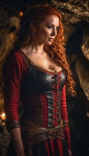 celtic queen,celtic woman,red tunic,red riding hood,clary,merida,fantasy woman,scarlet sail,the enchantress,sorceress,red cape,little red riding hood,bodice,red coat,digital compositing,ariel,catarina,red-haired,heroic fantasy,lady in red,Photography,General,Cinematic