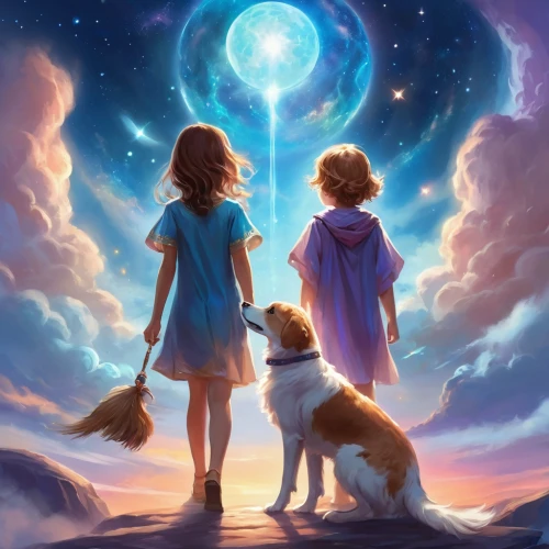 boy and dog,fantasy picture,sun and moon,moon and star,companion dog,the moon and the stars,travelers,howl,little boy and girl,dream world,journey,celestial bodies,shepherds,magical adventure,magical moment,magical,companion,stars and moon,light bearer,sci fiction illustration,Illustration,Realistic Fantasy,Realistic Fantasy 01