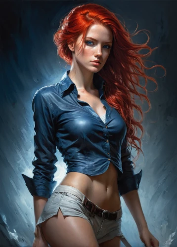 red-haired,redheads,red head,clary,fantasy art,redhead doll,redheaded,redhead,redhair,mystique,fantasy woman,fantasy portrait,femme fatale,jeans background,the sea maid,ariel,black widow,bluejeans,world digital painting,fantasy picture,Conceptual Art,Fantasy,Fantasy 13