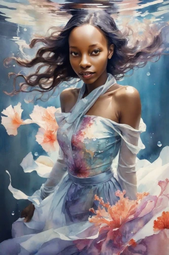 the sea maid,water rose,water nymph,mermaid background,mystical portrait of a girl,fantasy art,oil painting on canvas,flowing water,underwater background,water flower,aquarius,fantasy portrait,rosa 'the fairy,girl with a dolphin,girl on the river,watery heart,merfolk,water lotus,world digital painting,girl in flowers,Digital Art,Watercolor