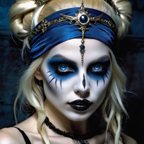 blue enchantress,dark elf,voodoo woman,face paint,gothic portrait,white walker,gothic fashion,gothic woman,gothic style,vampire woman,dark angel,makeup artist,blue demon,harley quinn,catrina calavera,ice queen,vampire lady,warrior woman,priestess,dark art,Illustration,Realistic Fantasy,Realistic Fantasy 10