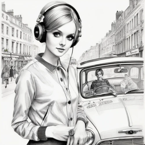 telephone operator,headphone,headphones,audiophile,50's style,retro women,handsfree,retro girl,vintage girl,retro woman,girl with speech bubble,stereophonic sound,vintage woman,thorens,headset,two-way radio,girl in car,wireless headset,girl and car,vintage illustration,Illustration,Black and White,Black and White 30