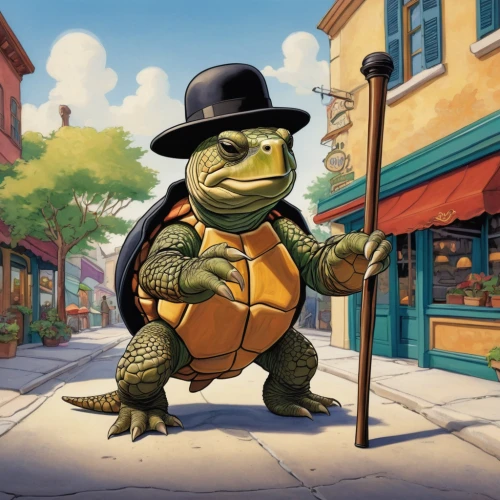 trachemys,sound studo,conductor,raphael,map turtle,terrapin,anthropomorphized animals,leonardo,common map turtle,running frog,true toad,turtle,land turtle,tangelo,inspector,attorney,reptilia,tortoise,gentlemanly,man frog,Illustration,Children,Children 01