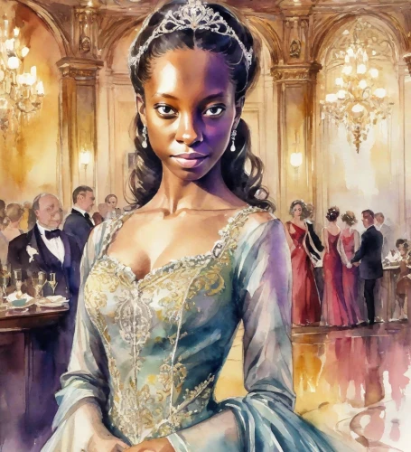 tiana,cinderella,fantasy portrait,jane austen,la violetta,girl in a historic way,african american woman,princess sofia,rosa ' amber cover,the carnival of venice,victorian lady,young lady,portrait of a girl,maria bayo,fantasy art,queen anne,lady of the night,fairy tale character,a princess,elegant,Digital Art,Watercolor