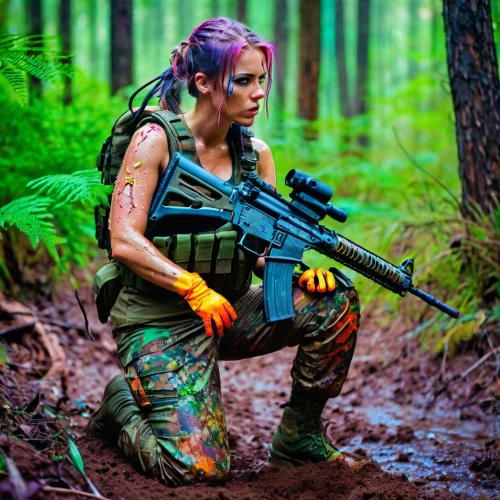 patrol,airsoft,paintball equipment,renegade,warrior woman,huntress,female warrior,on the hunt,hard woman,cosplay image,lost in war,tactical,paintball,scavenger,wolf hunting,gi,camo,war zone,girl with gun,post apocalyptic,Conceptual Art,Oil color,Oil Color 23