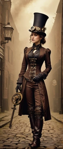 steampunk,steampunk gears,victorian fashion,victorian lady,the victorian era,ringmaster,hatter,victorian style,clockmaker,trumpet player,the hat-female,saxhorn,violin woman,hipparchia,woman holding gun,brass instrument,sackbut,trombone player,town crier,stovepipe hat,Illustration,Abstract Fantasy,Abstract Fantasy 16