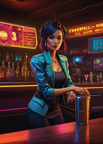 bartender,barmaid,unique bar,neon cocktails,neon drinks,neon coffee,neon light drinks,liquor bar,retro diner,game illustration,neon human resources,drinking establishment,sci fiction illustration,piano bar,bar,waitress,bar counter,businesswoman,pub,rosa cantina,Conceptual Art,Daily,Daily 33