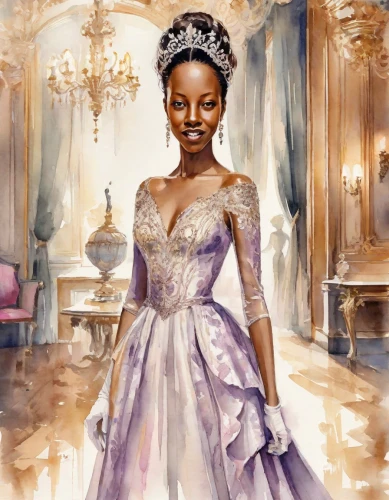 tiana,a princess,bridal clothing,ball gown,cinderella,bridal,debutante,princess crown,princess,fairy tale character,bridal dress,fantasy portrait,princess sofia,silver wedding,queen crown,fairy queen,fashion illustration,queen of the night,wedding gown,the snow queen,Digital Art,Watercolor