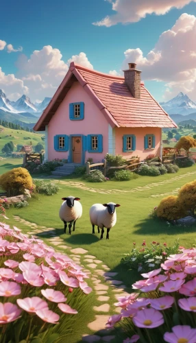 home landscape,meadow in pastel,clover meadow,alpine pastures,springtime background,studio ghibli,shepherd romance,landscape background,spring background,salt meadow landscape,pink grass,meadow landscape,idyllic,country cottage,summer meadow,pony farm,beautiful home,grass roof,farm background,two sheep,Photography,General,Realistic