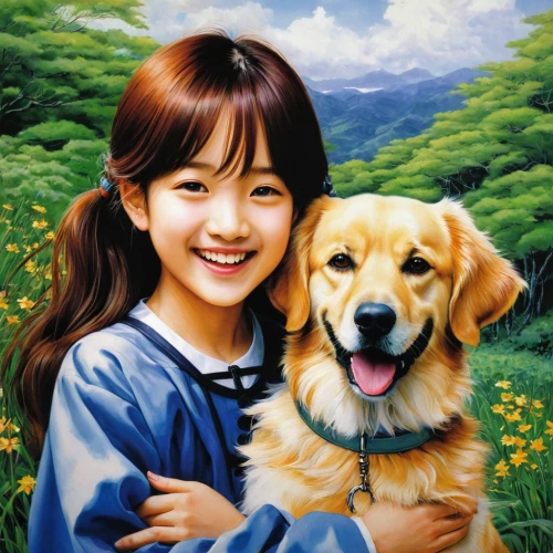 girl with dog,dog breed,oil painting on canvas,japanese terrier,dog pure-breed,akita inu,puppy pet,formosan mountain dog,kimjongilia,companion dog,oil painting,boy and dog,oil on canvas,dog illustration,child portrait,cute puppy,tan chen chen,little boy and girl,labrador,a girl's smile,Illustration,Japanese style,Japanese Style 18
