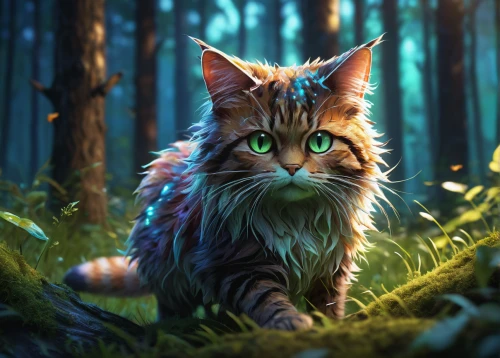 norwegian forest cat,maincoon,forest animal,siberian cat,forest king lion,firestar,cat warrior,wild cat,mowgli,felidae,american bobtail,fantasy picture,woodland animals,feral cat,red tabby,breed cat,feral,fantasy art,tabby cat,forest background,Illustration,Paper based,Paper Based 13