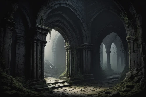 hall of the fallen,haunted cathedral,sepulchre,ruins,gothic architecture,dungeon,mausoleum ruins,dungeons,crypt,threshold,ghost castle,ruin,gothic,dark gothic mood,the ruins of the,gothic style,dark world,pillars,monastery,sanctuary,Illustration,Black and White,Black and White 35