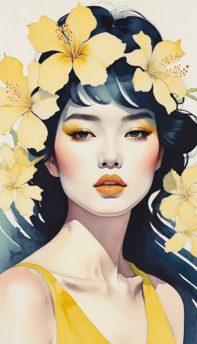 yellow petals,girl in flowers,flower wall en,summer jasmine,japanese floral background,fashion illustration,yellow petal,camomile,jasmine blossom,pollinate,yellow rose background,chamomile,carolina jasmine,flower painting,sunflower lace background,geisha,orange blossom,geisha girl,yellow daisies,falling flowers,Illustration,Paper based,Paper Based 19
