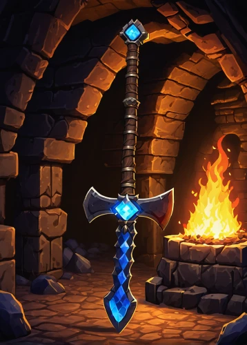 dane axe,king sword,thermal lance,pickaxe,swords,torchlight,scabbard,sword,dagger,ranged weapon,scepter,flaming torch,blacksmith,serrated blade,excalibur,forge,hunting knife,bowie knife,the eternal flame,stone background,Illustration,Realistic Fantasy,Realistic Fantasy 14