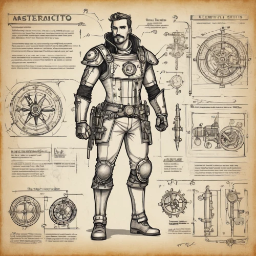 the vitruvian man,magneto-optical disk,gunsmith,vitruvian man,steampunk gears,cybernetics,bactrian,protective clothing,biomechanical,theodolite,acetylene,steampunk,magneto-optical drive,engineer,ironworker,craftsman,half orc,battlecruiser,a carpenter,wireframe graphics,Unique,Design,Blueprint