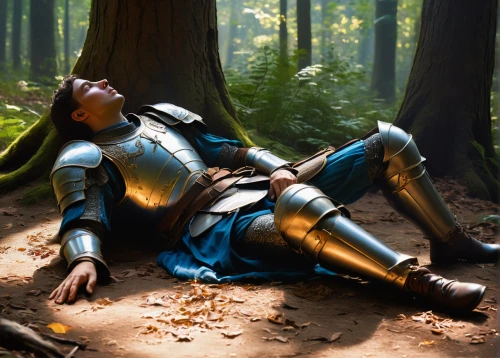 digital compositing,sleeping beauty,fallen acorn,the forest fell,king arthur,the fallen,basking,retouching,fallen down,athos,resting,cosplay image,unconscious,fallen,fallen from the sky,male elf,fantasy picture,discarded,the girl is lying on the floor,conceptual photography,Art,Classical Oil Painting,Classical Oil Painting 42