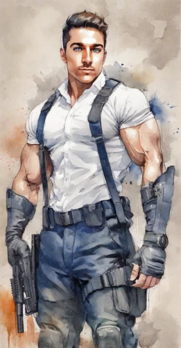 mercenary,pubg mascot,steel man,ballistic vest,medic,builder,engineer,big hero,male character,muscle man,kapparis,cargo pants,gi,marine,strongman,3d man,contractor,soldier,officer,che,Digital Art,Watercolor